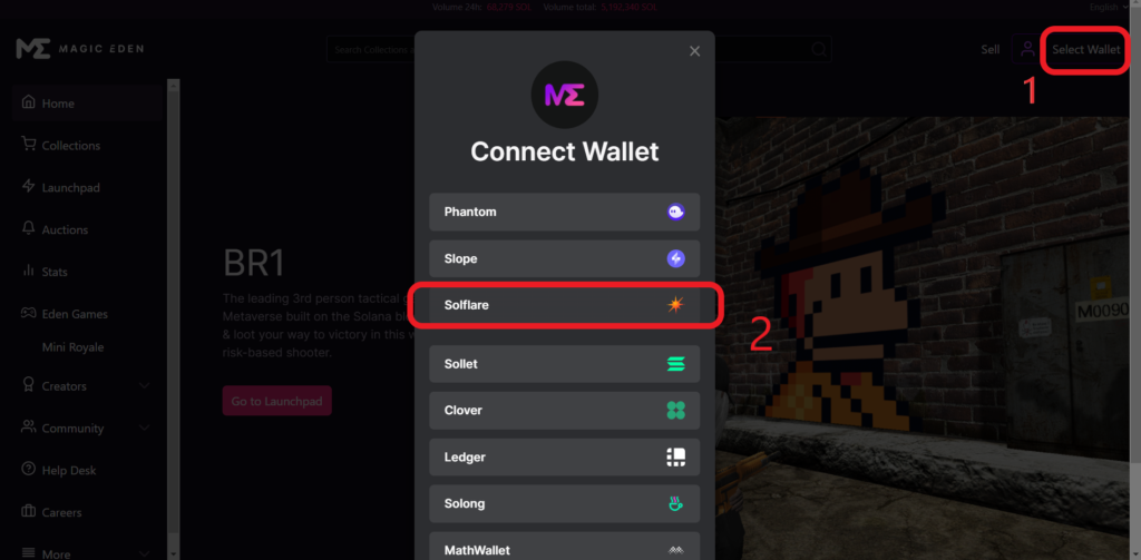 Connect Solflare wallet to Magic Eden