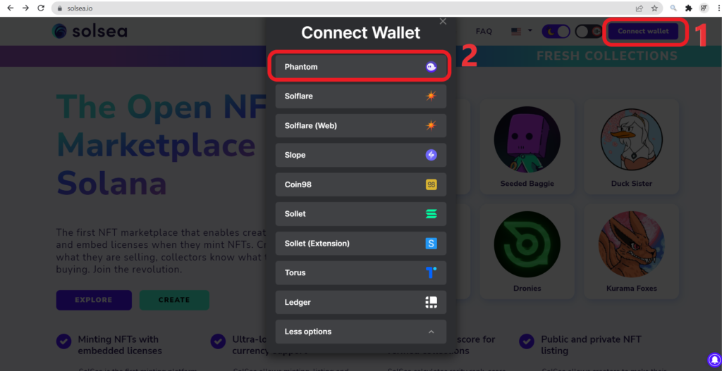 Connect Phantom wallet to SolSea