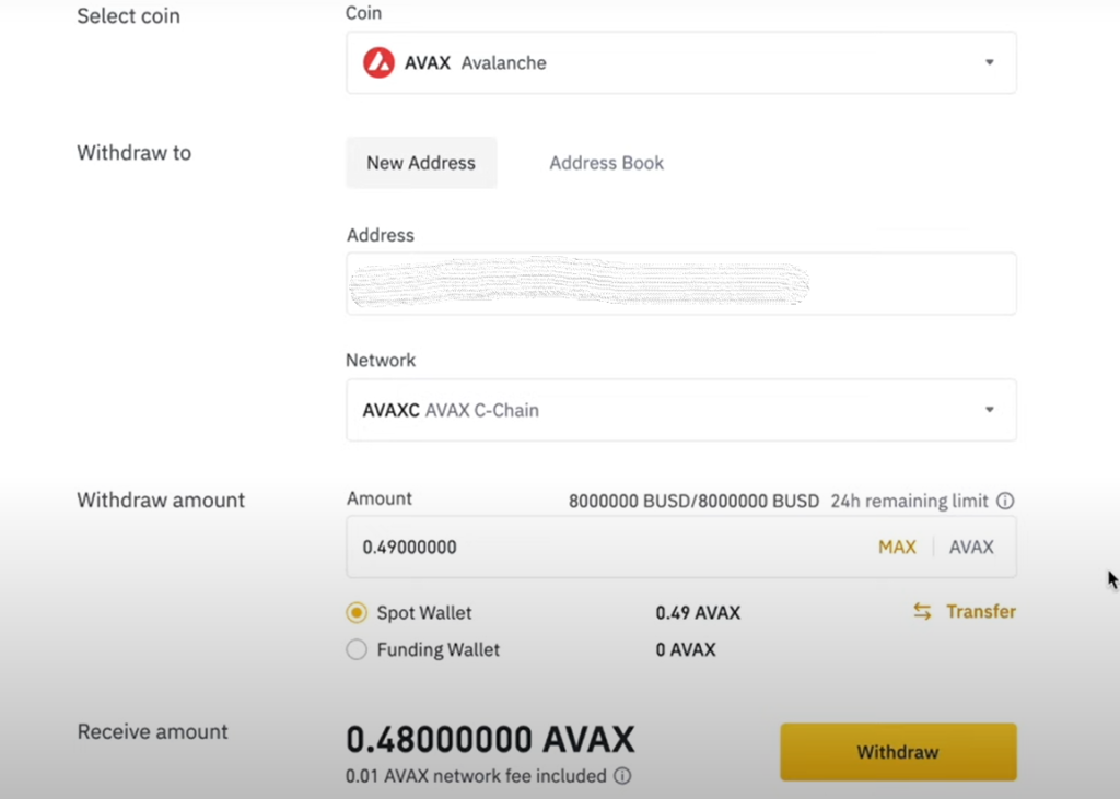 send Avalanche from Binance to MetaMask