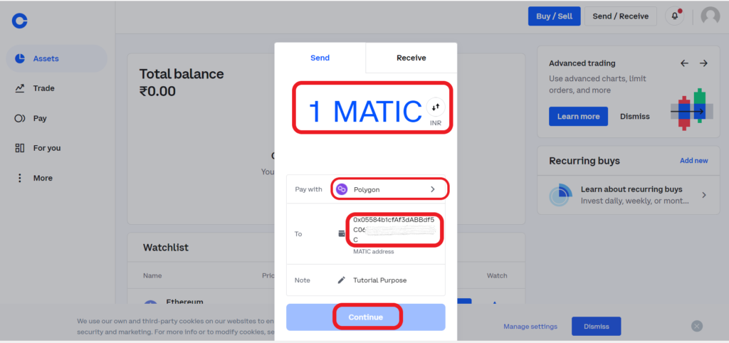 Send MATIC from Coinbase to MetaMask