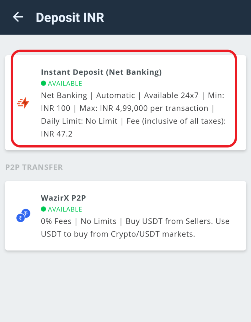 Deposit INR on WazirX