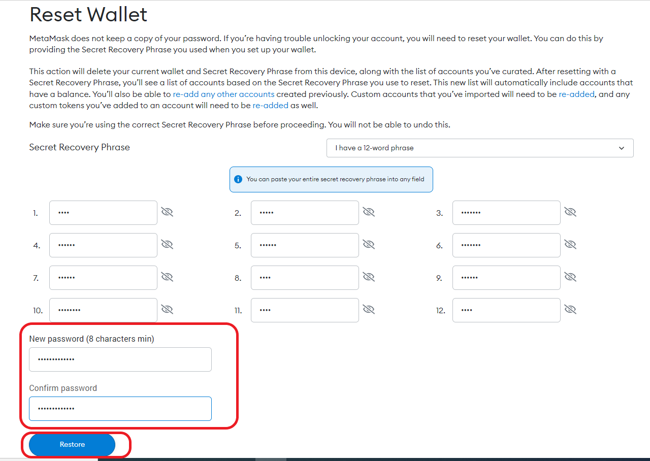 metamask will not recover my account