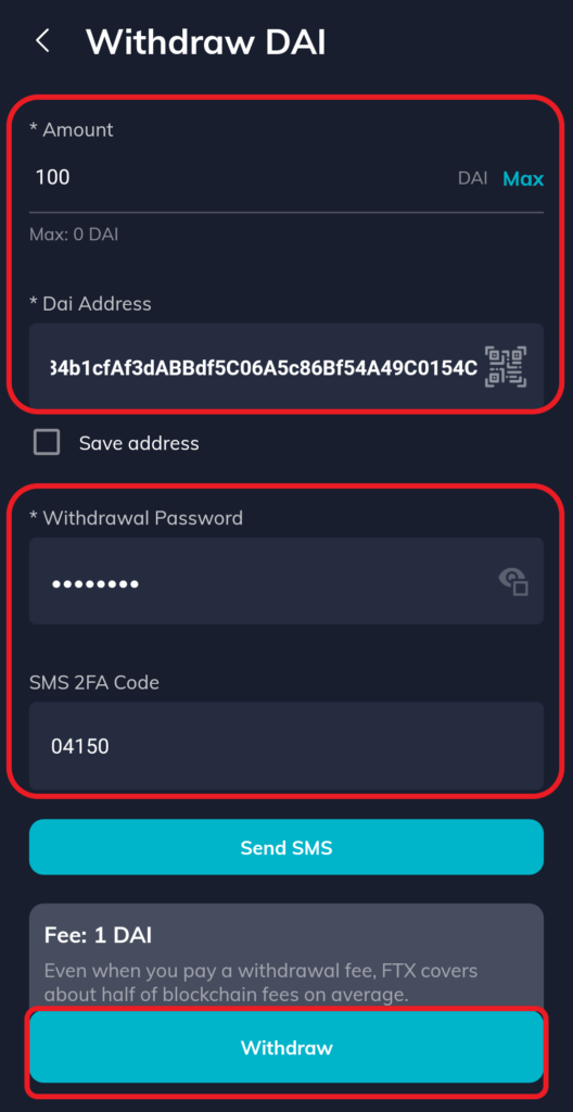 withdraw DAI from FTX mobile application