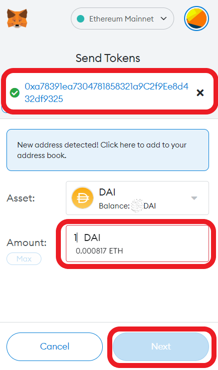 Send DAI from MetaMask to FTX
