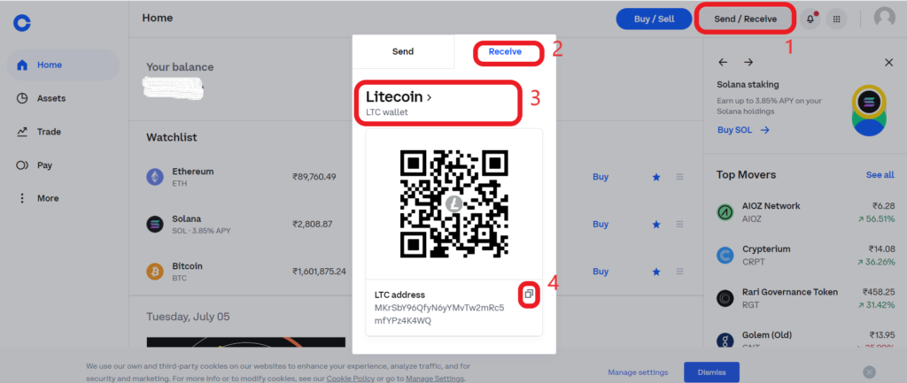 deposit LTC in Coinbase from Binance