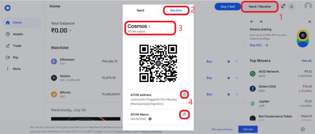 Cosmos (ATOM) deposit address in Coinbase