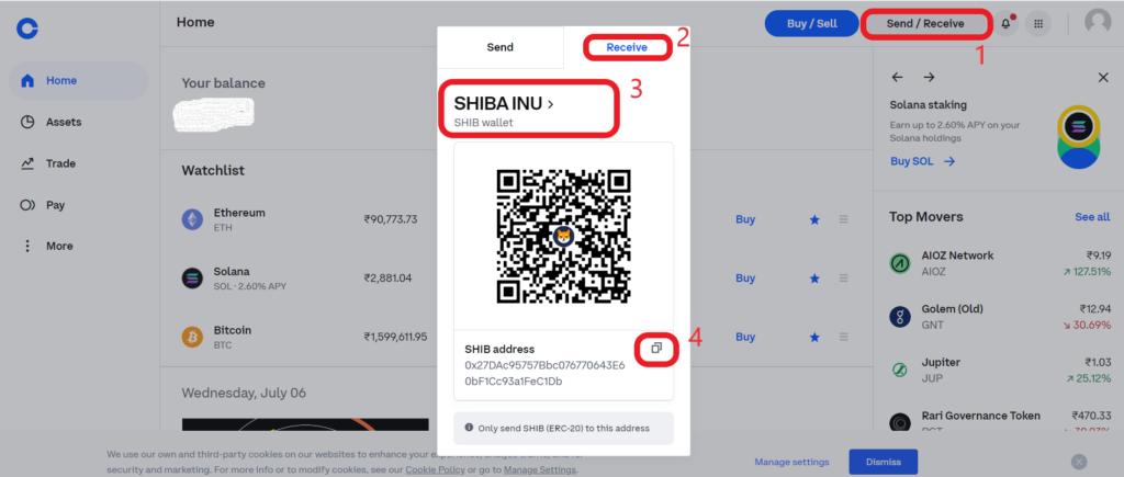 SHIB deposit address in Coinbase