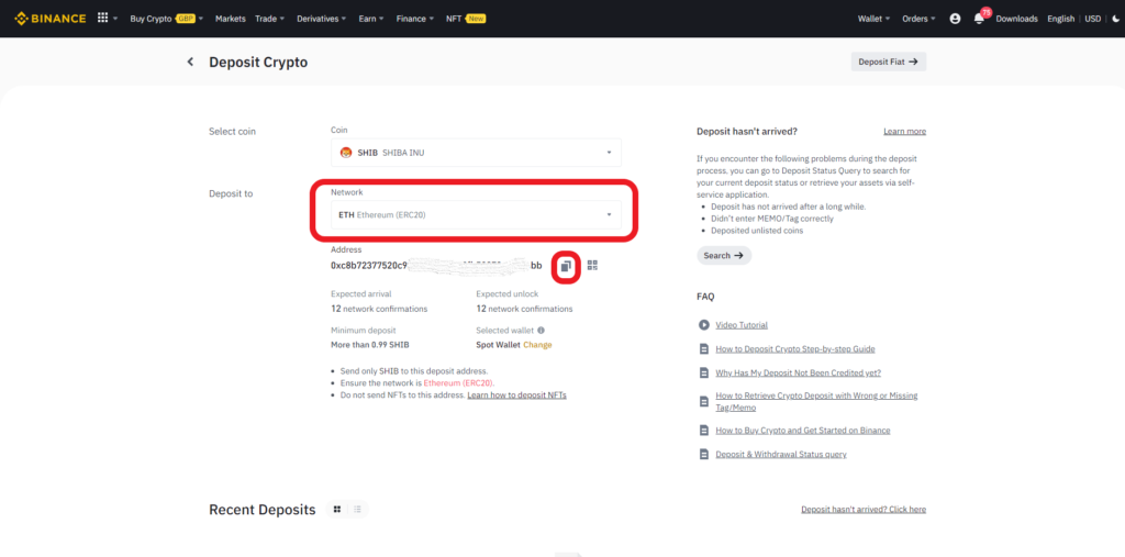 deposit SHIB in Binance