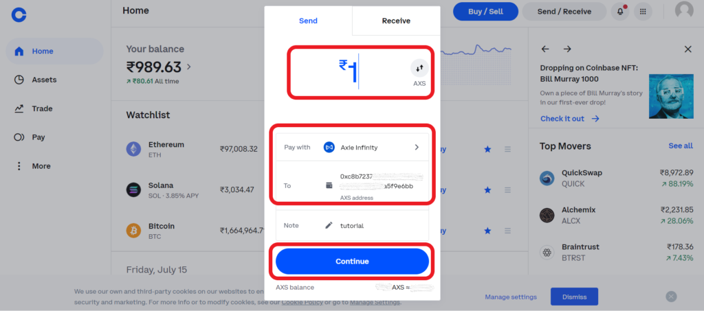 Transfer Axie Infinity (AXS) from Coinbase to Binance