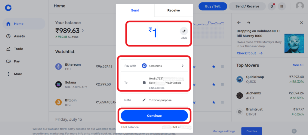 transfer Chainlink (LINK) from Coinbase to Binance
