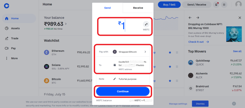 Transfer WBTC from Coinbase to Binance