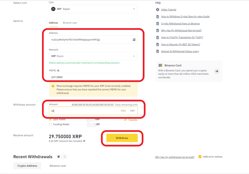 Transfer Ripple (XRP) from Binance to Coinbase