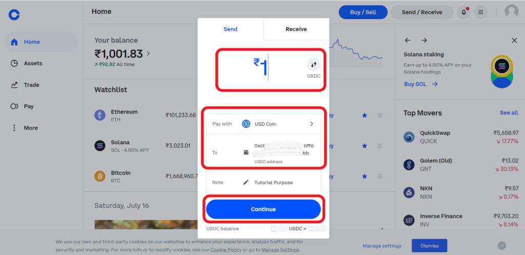 Transfer USDC from Coinbase to Binance
