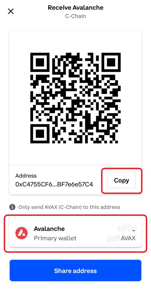 AVAX deposit address in Coinbase