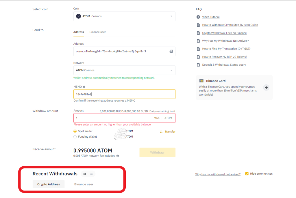 Transfer Cosmos (ATOM) from Binance to Coinbase