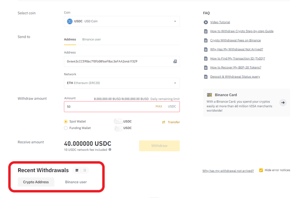 USDC recent withdrawals in Binance