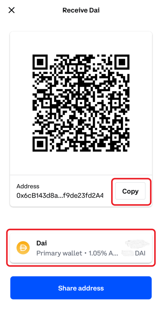 DAI deposit address in Coinbase