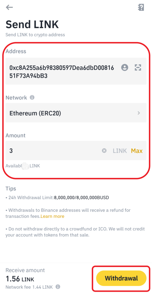 Transfer Chainlink (LINK) from Binance to Coinbase