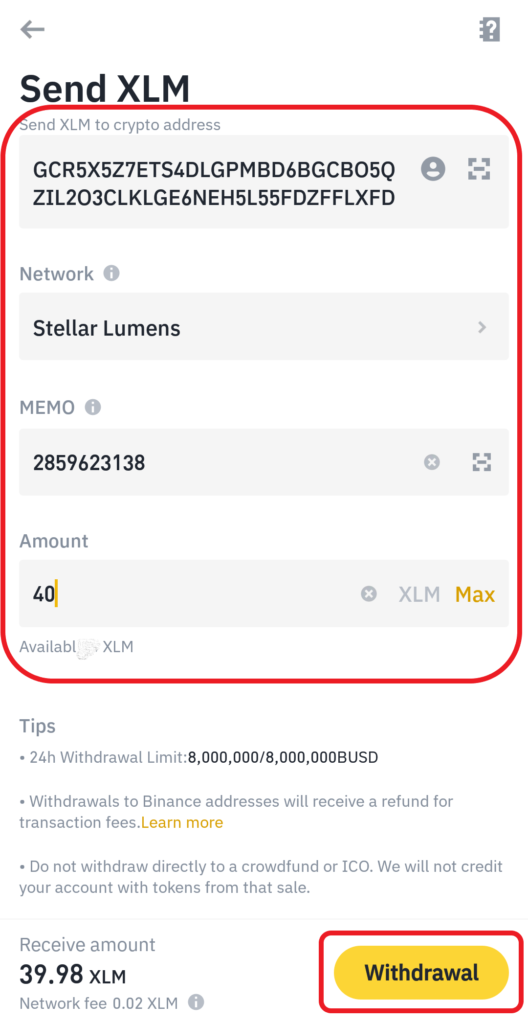 Transfer Stellar (XLM) from Binance to Coinbase
