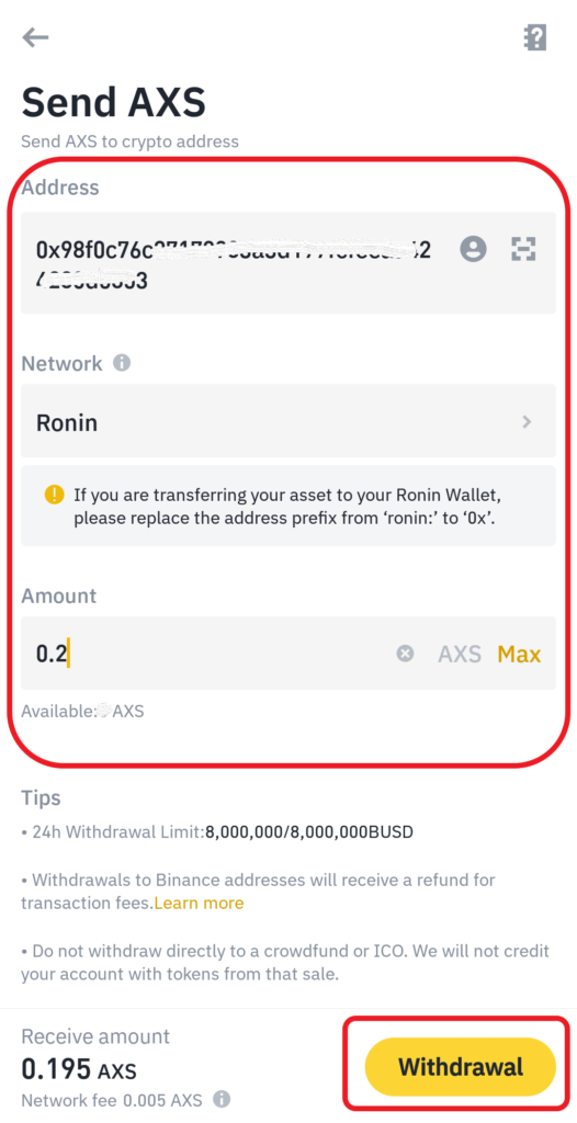 Transfer AXS from Binance to Ronin Wallet