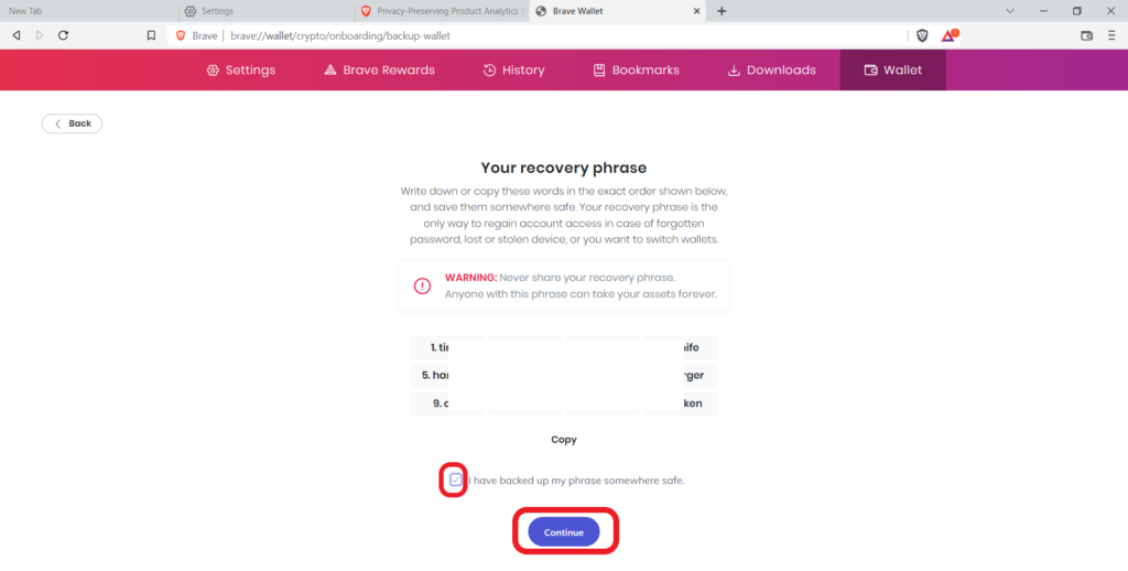 Brave 12-word Recovery Phrase