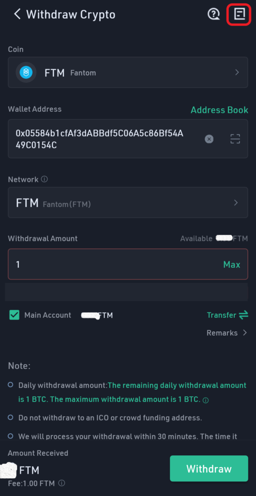 FTM recent withdrawals in KuCoin