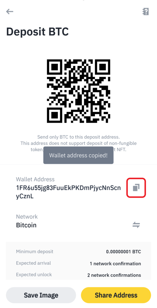 Bitcoin (BTC) deposit address in Binance