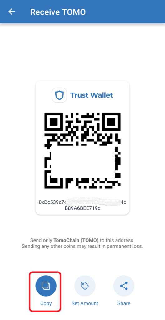 TOMO deposit address in Trust Wallet