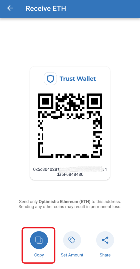 Optimistic ETH deposit address in Trust Wallet