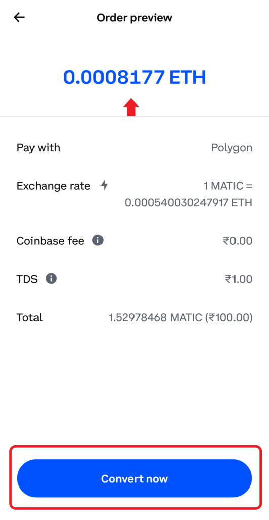 Convert MATIC to Ethereum in Coinbase mobile application