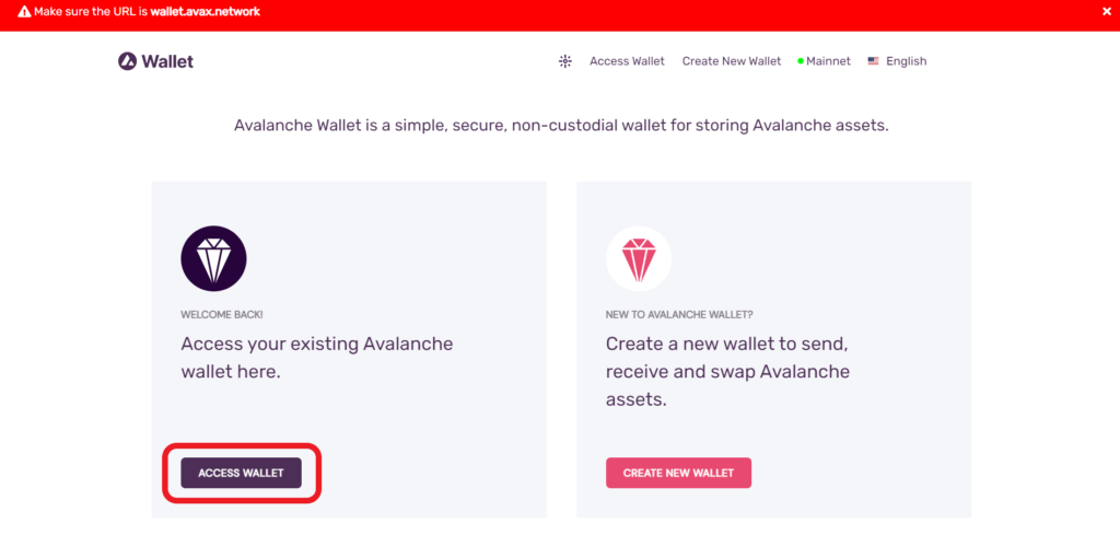 Log in to Avalanche Wallet