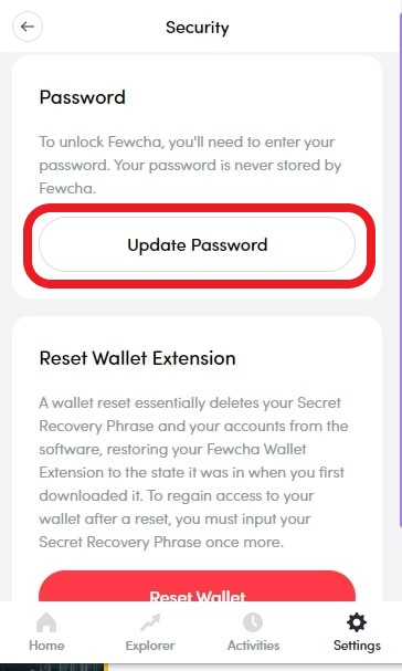 Change Fewcha Wallet Password