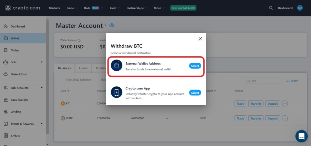 Transfer Bitcoin (BTC) from Crypto.com to Ledger Nano X