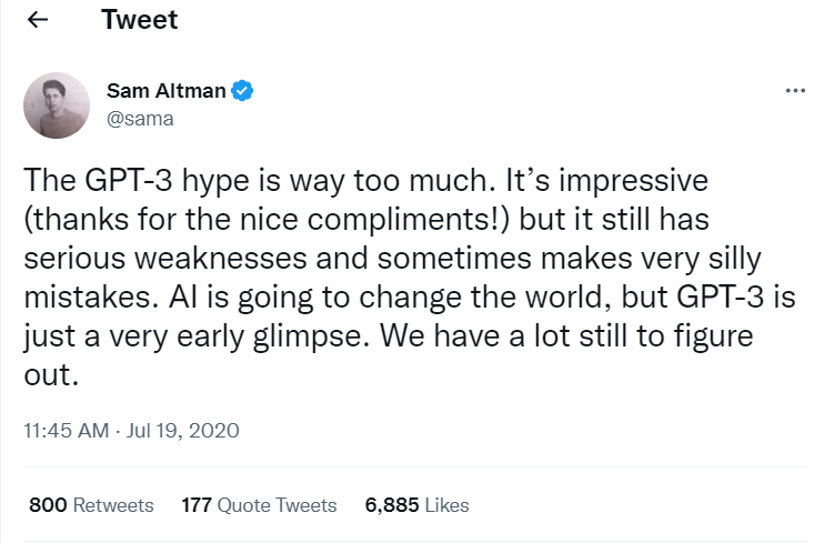 Sam Altman Tweet about GPT-3