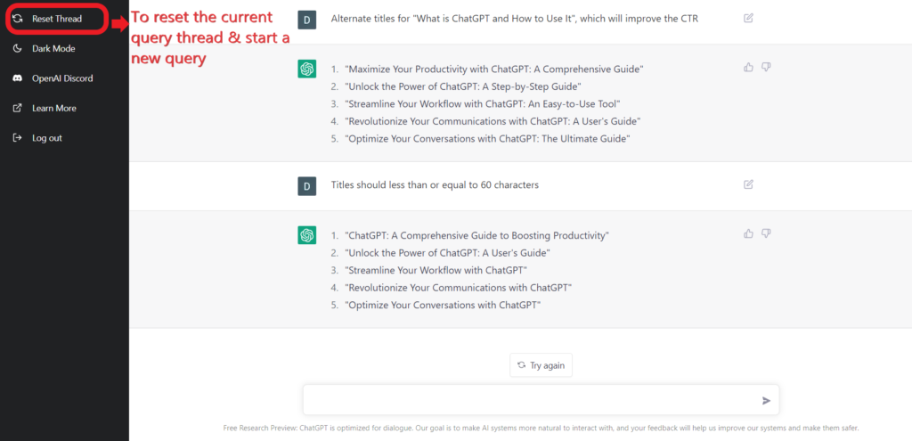 Reset Thread in ChatGPT